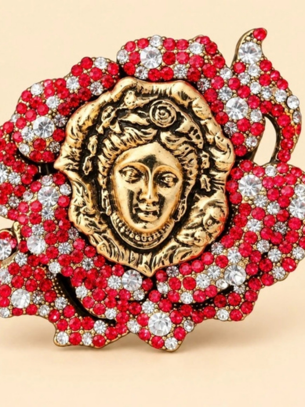 Jeweled Medusa Face Brooch in Red & Gold
